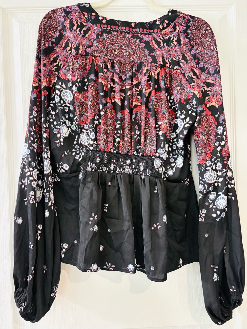 Free People Fall Perfect Black Floral Tie-Front Blouse with Pink & Red Accents - Picture 5 of 5